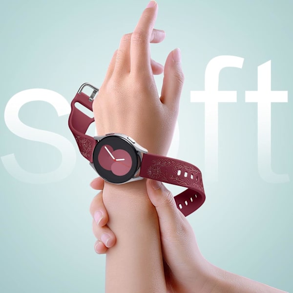 Auringonkukalla kaiverrettu ranneke, yhteensopiva Samsung Galaxy Watch 7 6 5 4 40mm 44mm naisten kanssa, 20mm pehmeä silikoniranneke Galaxy Watchille[ee] Wine Red