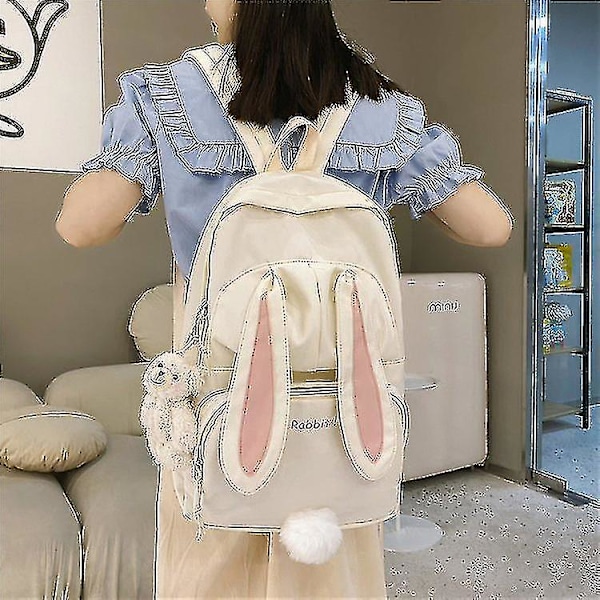 Söt Kanin Ung Flicka Skolryggsäck Dam Stor Kapacitet Kawaii Ryggsäck Mochila Rosa Kvinnor Väska Nylon Tecknad Skolväska Ingen Björndocka No bear doll blue