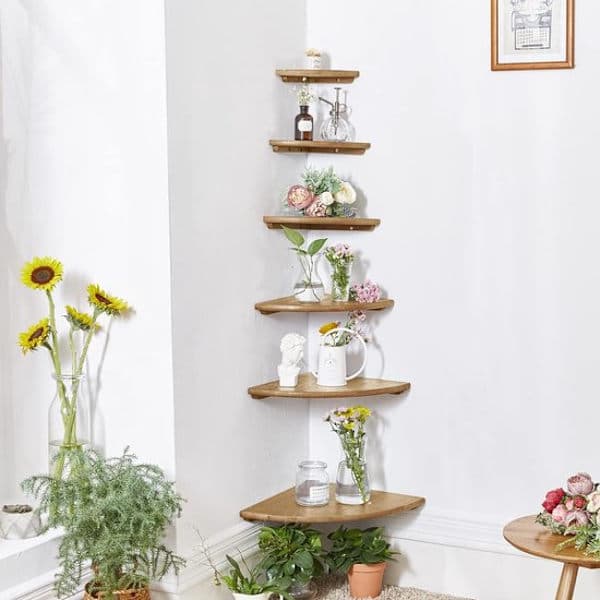 Set of 2 - 7\" Solid Oak Corner Shelves - Wall Mounted Round Floating Shelves - With Cable Hole for Speakers, Plants or Picture Frames - Natural