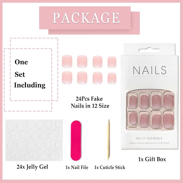 24 Pcs Square False Nails Short, Pink Gradient French Tip Nude Press on Nails, Glossy Detachable Glue-on Nails with Adhesive Stickers