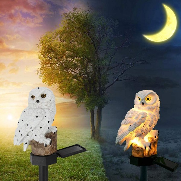 Puutarhan aurinkovalot ulkokäyttöön, koristeelliset hartsipöllö aurinkovalot maapiikillä puutarhan nurmikon polun pihakoristeisiin (valkoinen)
