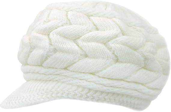 Dam vinterstickad mössa med skärm svart vit grå, elegant mössa med varmt fleecefoder white