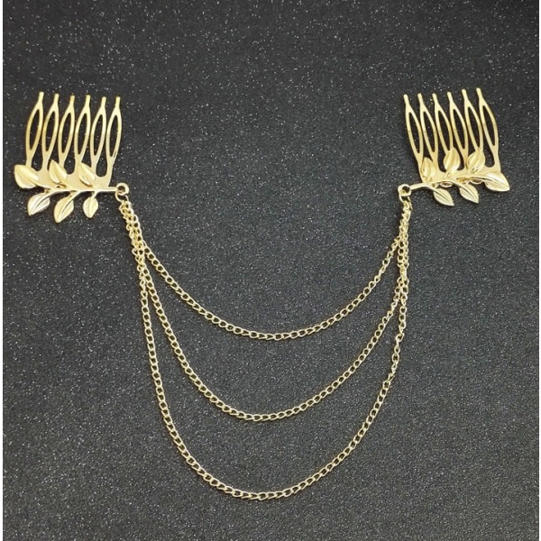 2PCS Bohemian Style Comb Leaf Pattern Gold Hair Chain för kvinnor