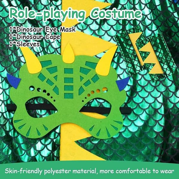Dinosauriecape, Dinosaurie-karnevalmantel, Barn-cosplay-karnevalkostym med mask, Dinosauriecape