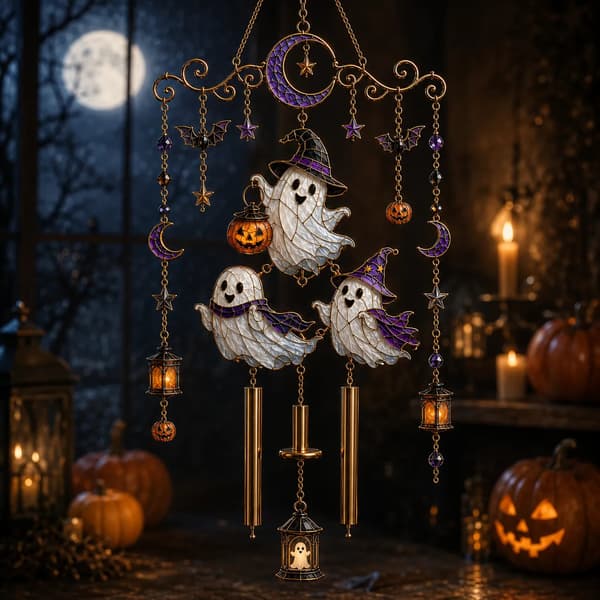 Halloween Glasmalerei Vindklokke, Akryl Solfanger med Spøgelse Kat Måne og Hekse Designs, 20/30 cm E 30cm