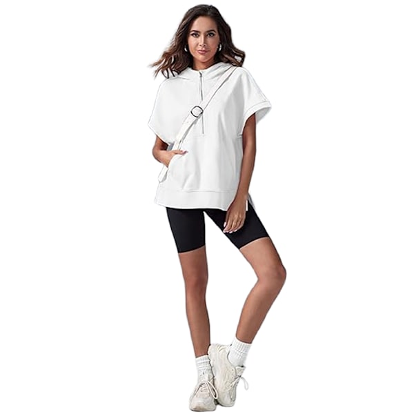 Kortärmad damtröja med halv dragkedja, baggy hoodie, avslappnad hoodie blus Vit Vit White M