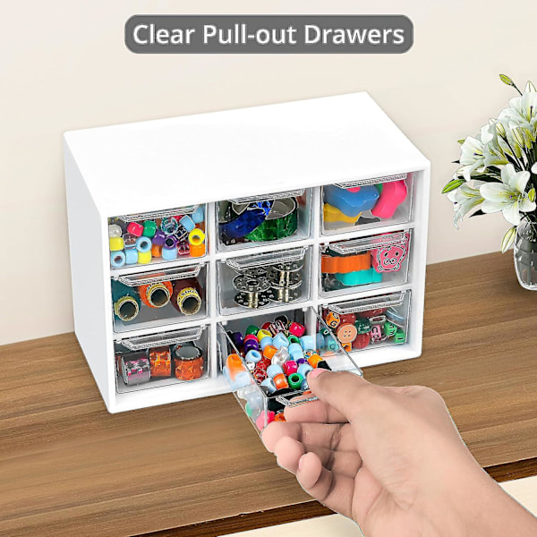 2-pak Craft Box Opbevaring med 9 Skuffer - Skrivebords Opbevaringsorganisator Minibokse til Håndværk Smykker Kosmetik Kunst Sytilbehør med 9 Skuffer with 9 Drawers White