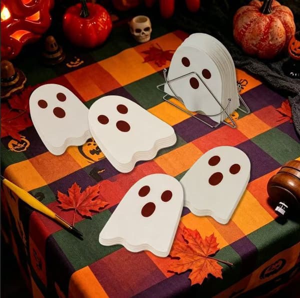 Hvide og lyserøde spøgelses Halloween festservietter, engangs cocktailpapirservietter til temabegivenheder og fester White 50 pcs