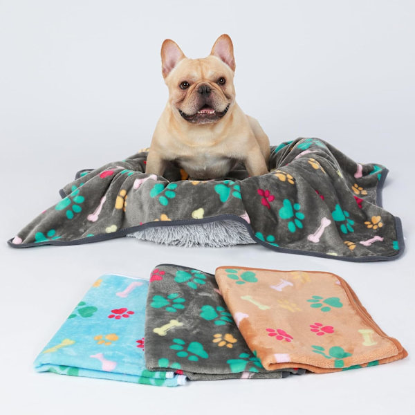 1 Pack 3 Filtar Mjuka Premium Fleece Djurfiltar Flanell Paw Tryckt Pläd för Hund Katt (Small 23x16'', Grå/Brun/Blå)