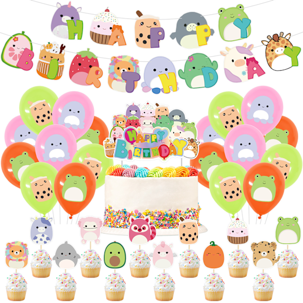 Squishmallows-teemainen syntymäpäiväjuhlien koristelu taustakulissi kakkukortti sarjakuvapallo kirje piirrä{EE}