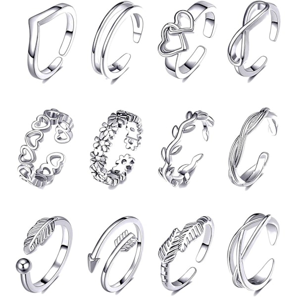 12pcs Flower Arrows Rings Fashion Alloy Feather Jewelry Foot Ring for Women Teen Girls Girlfriend