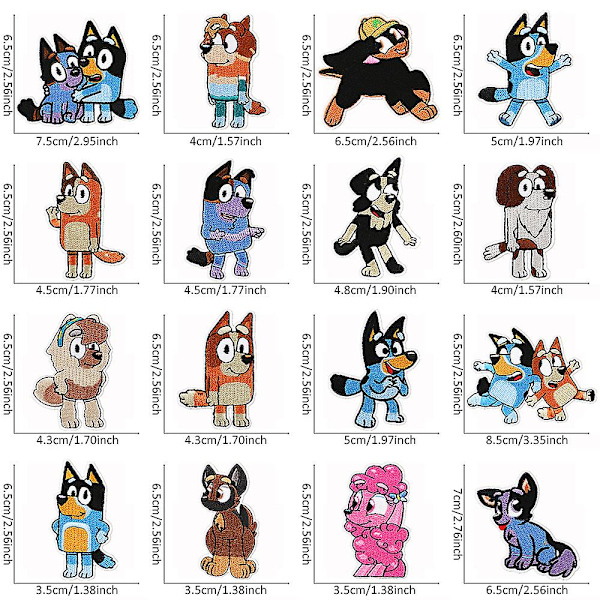 16-pack broderade märken med Bluey-motiv, sy eller stryk fast dekorativa märken för kläder, klänningar, hattar, jeans, DIY-tillbehör{EE}