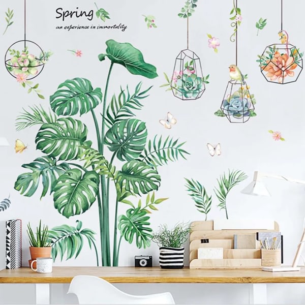 Gröna växter väggdekaler PVC tropiska blad väggdekal väggdekal 80X120cm DIY väggdekoration