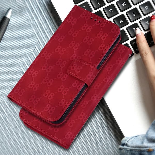 Dobbelt 8-format reliefbeslag kortholder pung etui egnet til iPhone 7/iPhone 8/SE (2020), lavet af PU-lædermateriale Red