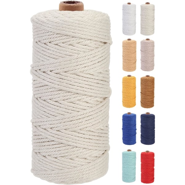 Macrame Garn 3mm x 100m Premium Bomulds Macrame Reb, 4-trådet snoet blødt bomuldsreb, et af de mest perfekte materialer (Beige)