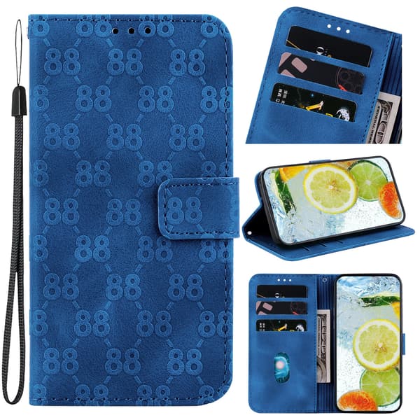 Dobbelt 8-format reliefbeslag kortholder pung etui egnet til iPhone 7/iPhone 8/SE (2020), lavet af PU-lædermateriale Blue