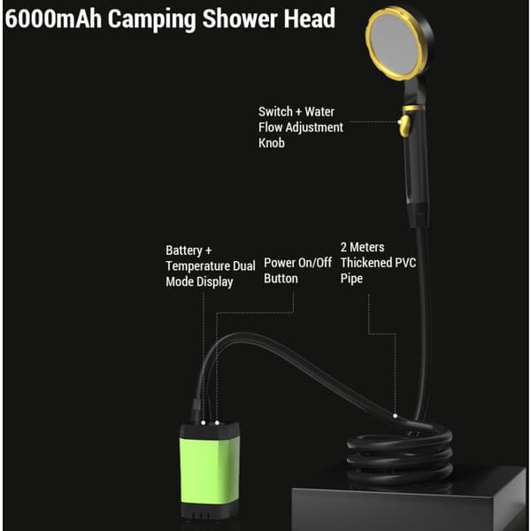 Bärbar Camping Duschpump Uppladdningsbar Elektrisk Duschpump med Smart Digital Display, 6000mAh, DUBUNS