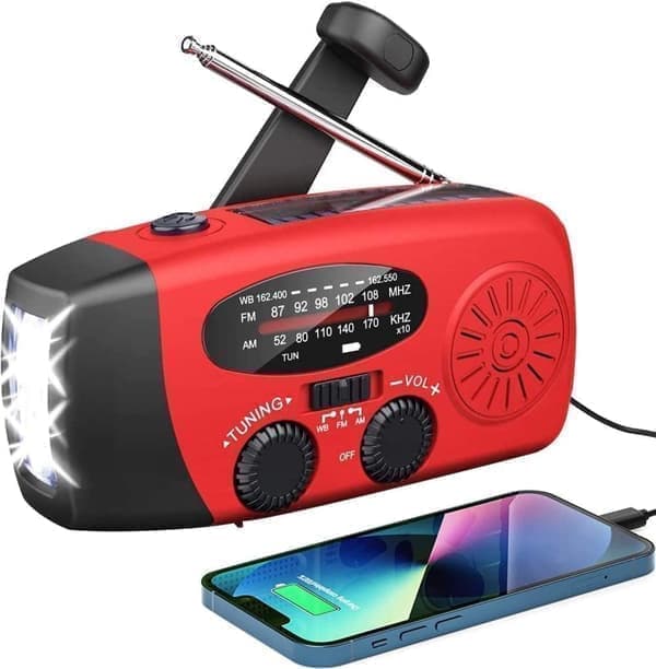Crank radio with solar cells, LED flashlight and 2000mAh Powerbank SOS