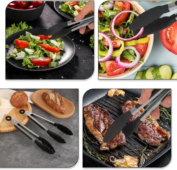 Kooktænger 2-pak Silikone Tænger Rustfrit Stål Sort 20 cm Køkkenredskaber til Madlavning Grilning Servering