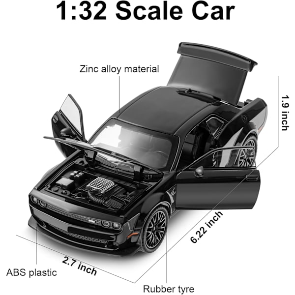 Hellcat Legetøjsmodelbil til børn 1:32 Skala Dodge Challenger Støbt Metal Legetøjsbiler til Træk Tilbage Modelbil Hellcat med Lyd og Lys Hellcat Bil