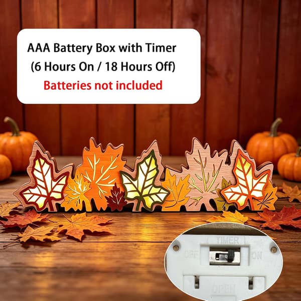 Høstløvdekorasjon i tre med LED-lys og timer, varmt glødende lønnebladdekor til høst og Thanksgiving