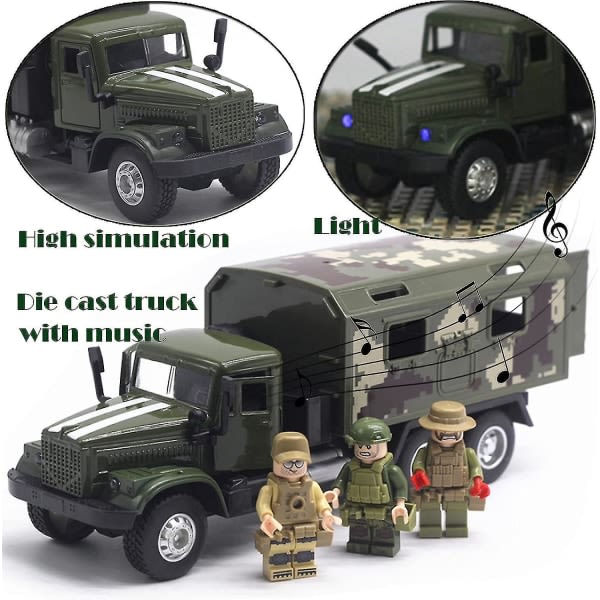 Militär lastbil Armé pansarmodell Bilbehandling Transportfordon Metallformgjuten leksak med ljus och ljud Pansar