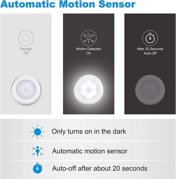 LED Motion Sensor Night Light Set, Battery Operated Wireless PIR Stick-on Light with Magnet, for Nursery, Hallway, Stairs, Closet, Cool White, 3-Pack