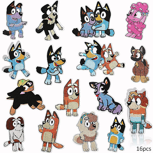16-pack broderade märken med Bluey-motiv, sy eller stryk fast dekorativa märken för kläder, klänningar, hattar, jeans, DIY-tillbehör{EE}