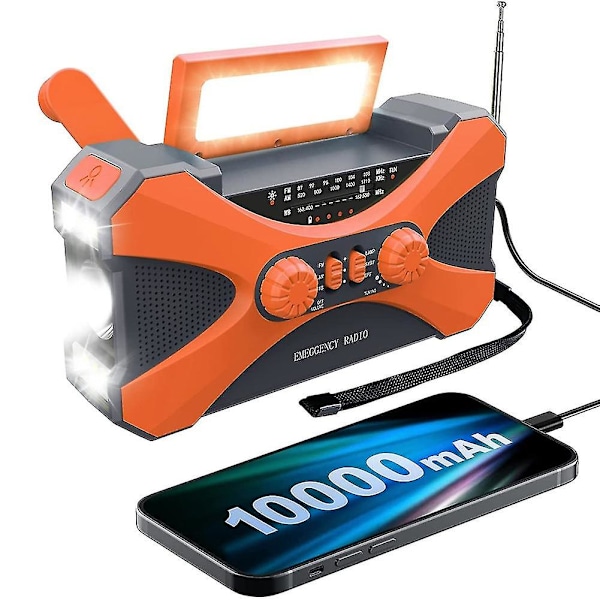 10000mAh Soldriven Nödradio med Vev, med Ström för Handvev, Ficklampa, USB Multifunktionsradio, Orange