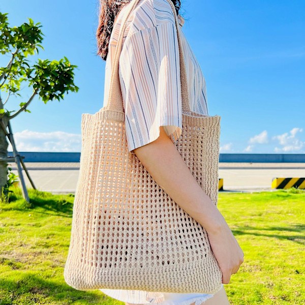 Virkat bohemisk axelväska tote handväska shoppingväska reseväska för dam, 1 st - beige