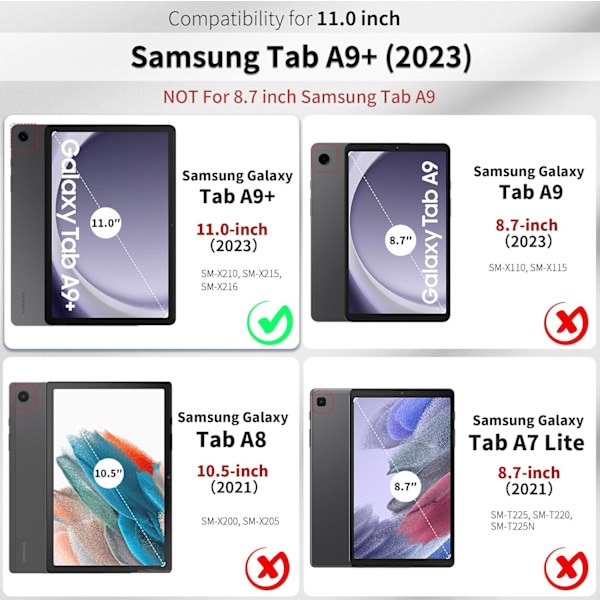 Fodral för Samsung Galaxy Tab A9+ Plus Tablet Skärmstorlek 11 Tum 2023, Ultra Slim Vikbart Hårt Baksidesskydd Ställ, Mörkblå svart{ee} black 11 in