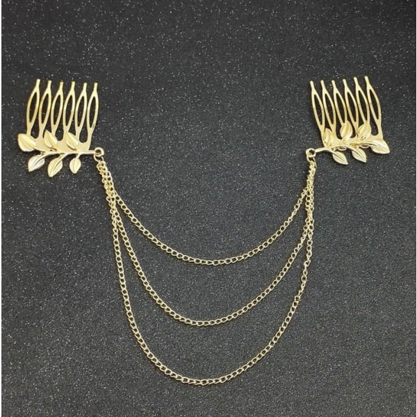 2PCS Bohemian Style Comb Leaf Pattern Gold Hair Chain för kvinnor