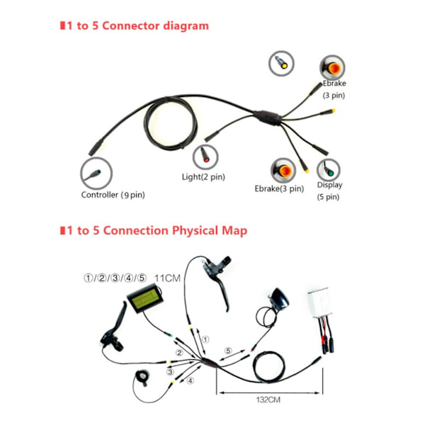 1 till 5 Elektrisk Cykelkabel Plast Gummi Litiumbatteri Kabelkontakter Anslut Kontroller Lampa Broms Display Gas