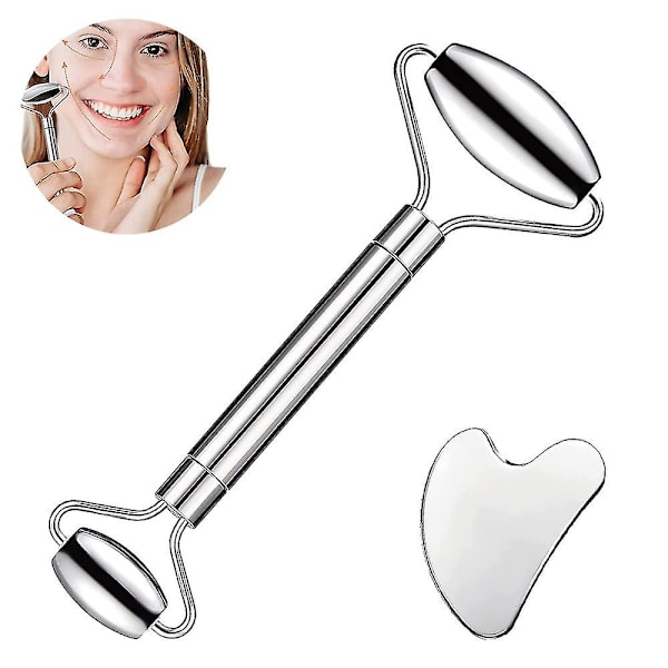 Gua Sha-set i rostfritt stål och ansiktsmassage-roller för massage av ansikte, ögon och nacke, praktiska ansiktsmassageverktyg för kroppsvård