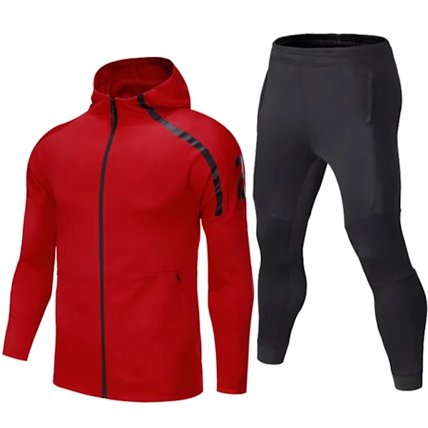 Sportssett for menn - Fotballtrøye, treningsklær, løpegenser med hette, langarmet treningstøy, sportsdress, rødt sett red set XXL