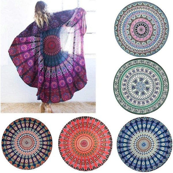 Strandhandduk 150 X 150cm Rund Strandhandduk Överdimensionerad Tjock Filt, Mikrofibertyg Med Bomullsfransar, Fancy Tryck Mandala Rosa Chiffonsjal Stor
