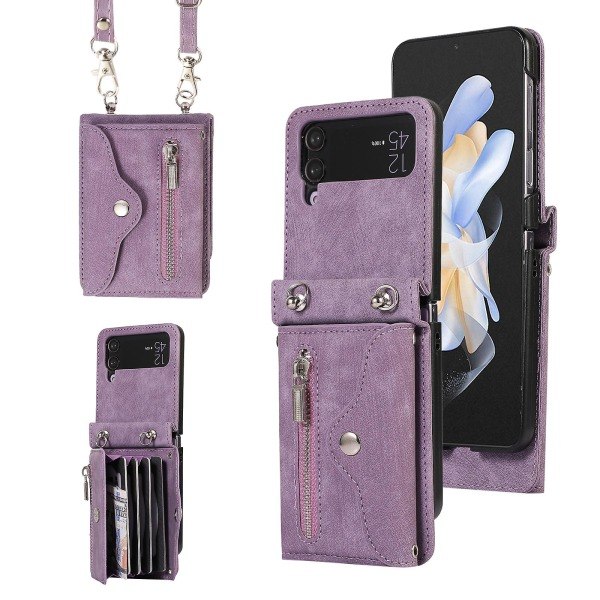 Telefondeksel med støtte for Samsung Galaxy Z Flip4 5g Rfid-blokkerende kortetui Pu-lær+tpu-deksel Lilla{EE}