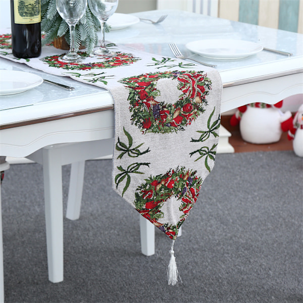 Julebordløper Krans Vevd Lang Bomull Lin Vevd Bordløper med Frynser for Festlig Julebordsdekorasjon, 180cm x 35cm