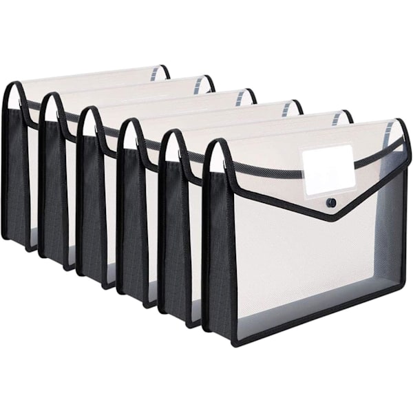 TS, 6 stk. popper-pung plastmappe poly-kuvert udvidelsesmappe dokumentmappe med snaplås og kortslot, premium lomme Black