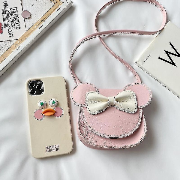 Liten Axelväska för Flickor med Rosett, Mini Handväska, Söt Musöron Crossbody PU Väska (Rosa)