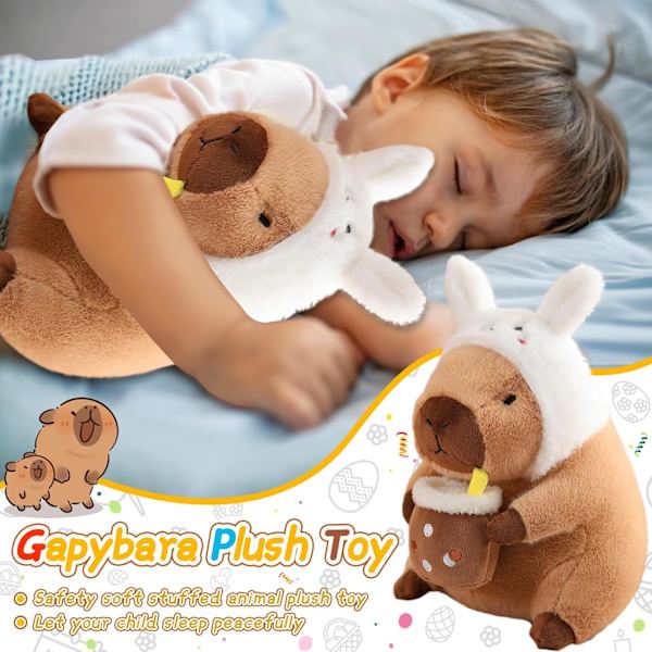 30cm Simulering Capybara Myke Plysjleker, Søt Plysj Marsvin Stressleke, Capybara Utstoppet Plysj Teddybjørn Leke med Kaninhatt