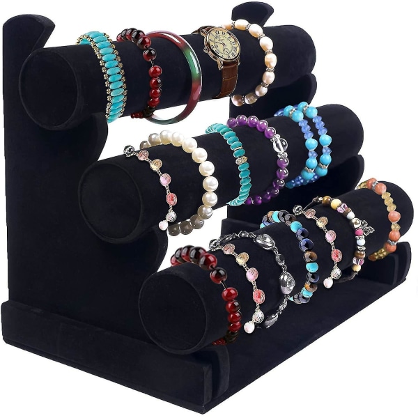 3-lager Black Velvet Smycken Display Stand - Avtagbar armbandshållare