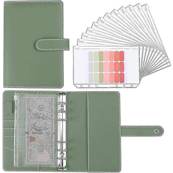 A6 Budget Binder med kontantkuvert, PU læder notesbog - Grøn--grøn