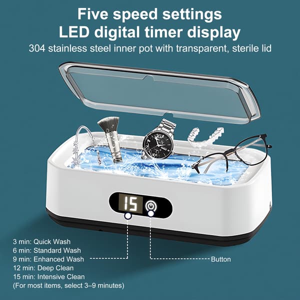 Ultralydsrenser, 5 tilstande ultralydsrensning med display, til briller, proteser, ure, ringe, smykker, mønter, barberhoveder