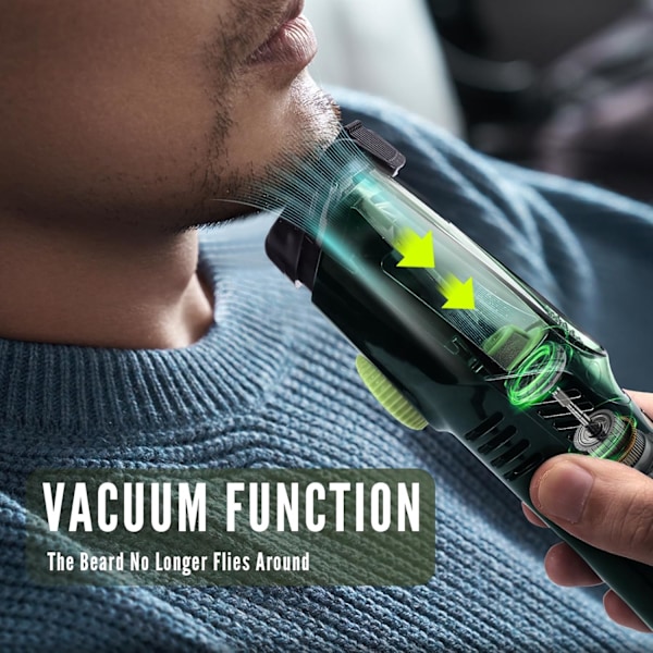 Vakuum skægtrimmer til mænd, mustache trimmer med 20 længde- og stiljusteringer, indbygget vakuumtrimmer til overskæg, bakkenbarter, ansigtshår, R Green type C