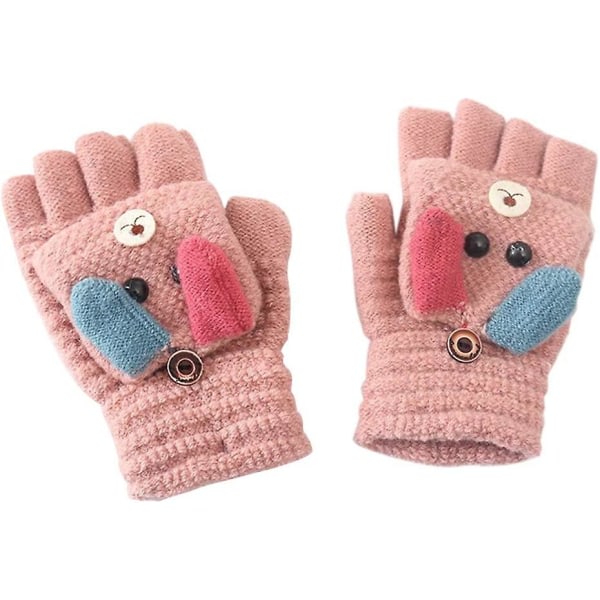 Kids Winter Gloveknit Flip Half Finger Gloves Warm Mittens with Cover Cute Cartoon for 3-8 Ages Boys and Girls (Pink)(1 Pair)