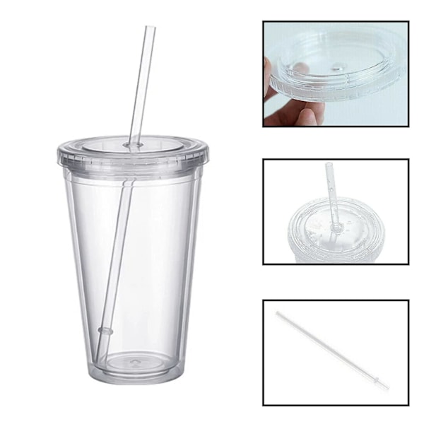 Återanvändbar Dubbelväggig Transparent Drickkopp med Sugrör Återanvändbar Kopp för Juice {EE}
