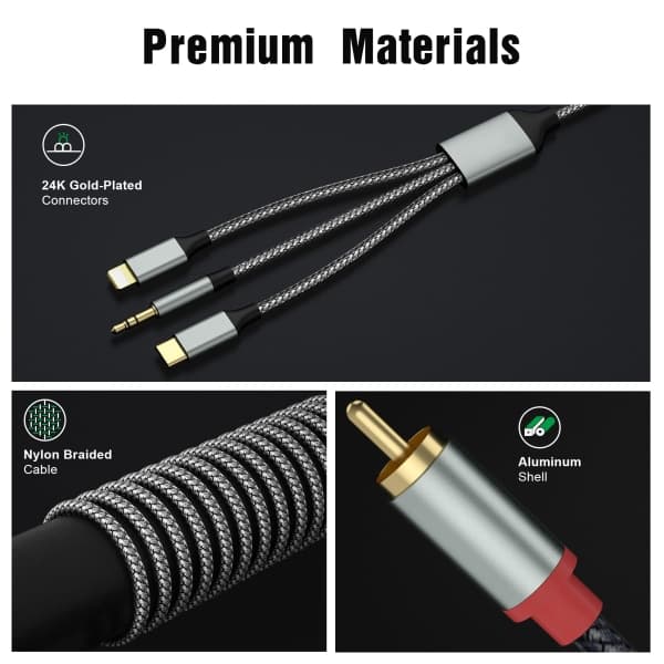 Lightning til RCA-kabel Audio Aux-adapter, RCA til 3,5 mm-kabel, USB C til 2 RCA-lydkabel, 3 i 1 lydkabel til bil, højttalere og mere 1,3 m