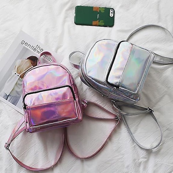 Holografisk Laser Läder Ryggsäck för Flickor Rosa Silver Mini Ryggsäck för Kvinnor
