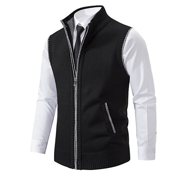 Fleecevest til mænd med lynlås Varm strikket sweater Vest Sort 2XL Sort Black 2xl